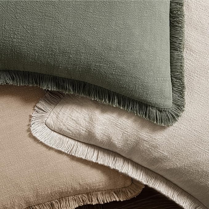 MIULEE Decorative Throw Pillow Covers Neutral Linen Fringe Throw Pillows Euro Shams Set of 2 Camel Boho Farmhouse Cushion Covers for Couch Sofa Bed Living Room Spring Home Decor 26x26 Inch