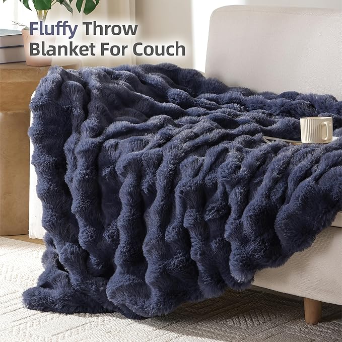 Smoofy Faux Fur Throw Blanket for Couch – Navy Blue Fluffy Cozy Rabbit Fleece, Plush Soft Bubble Blanket for Sofa & Bed, for Mom, Warm Fuzzy Home Room Decor Throw 60" x 80"