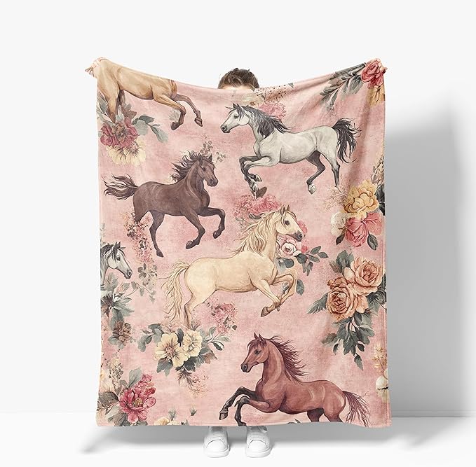 Horse Throw Blanket Soft Warm Cozy Horses Floral Blankets Fuzzy Plush Fleece Horse Blanket Gifts for Couch Bed Sofa Home Decor 40''X50''