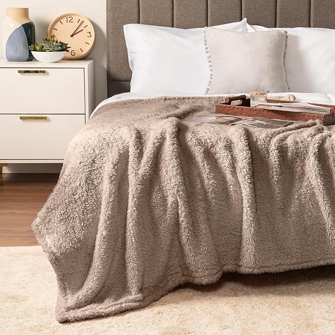 PAVILIA Sherpa Throw Blanket for Couch Sofa, Taupe Tan Fluffy Warm Plush Blanket for Twin Bed, Cozy Super Soft Lightweight Throw, Fuzzy Decorative Blanket, All Season Home, 60x80