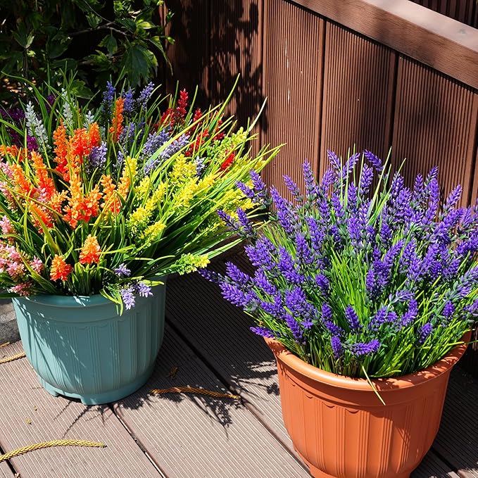 20 Bundles Artificial Plants Outdoor, UV Resistant Fake Flowers, Realistic Faux Lavender Shrubs for Porch Garden Window Box Home Decoration (White LitghtPurple)