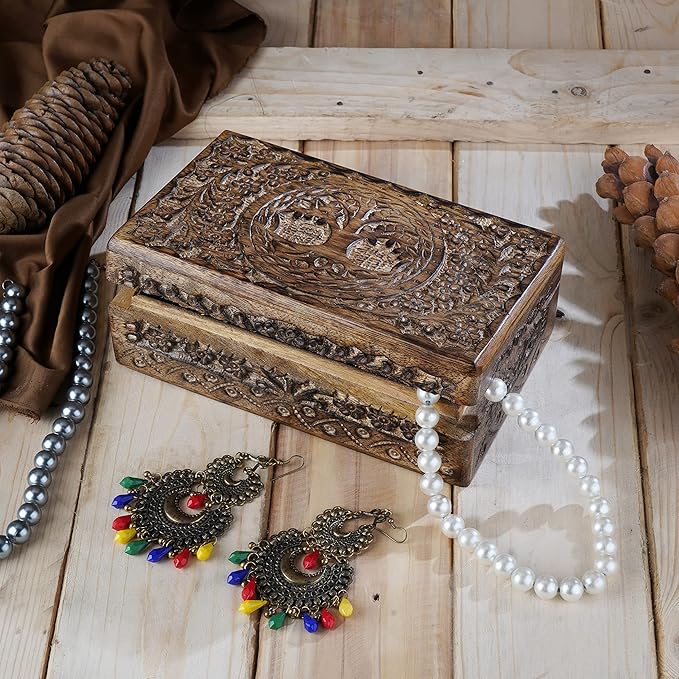Ajuny Wooden Hand Carved Decorative Box with Tree Of Life Carvings Natural - Multipurpose Use As Jewelry Storage, Trinket Holder or Watch Box, Great For Gifts