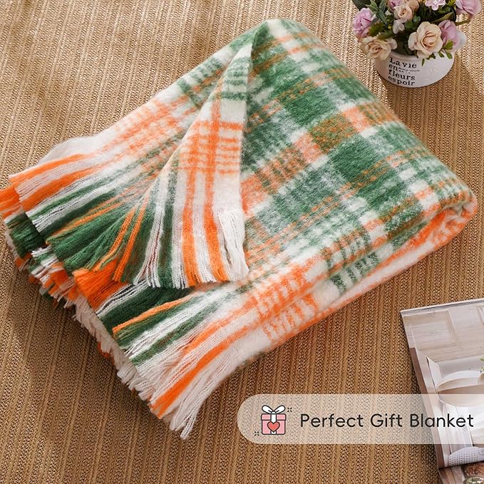 BATTILO Green Plaid Throw Blanket for Couch, Fall Mohair Tartan Plaid Blanket, Farmhouse Style Orange Throw Blankets for Home Decor(50"x60")