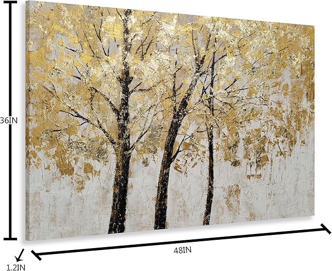Yihui Arts Tree Painting with Gold Foil - Hand Painted Landscape Canvas Wall Art for Farmhouse Living Room, Bedroom, and Bathroom Decor