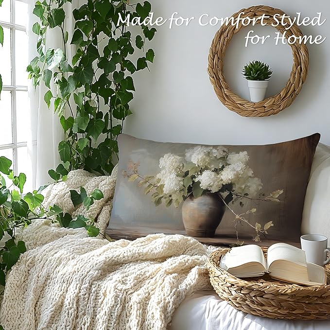 Vintage Moody Hydrangea Floral Lumbar Pillow Cover 12x20 Double-Sided, Cottagecore Room Decor, Farmhouse Spring White Flower Botanical Decorative Throw Pillow Cover for Living Room Home