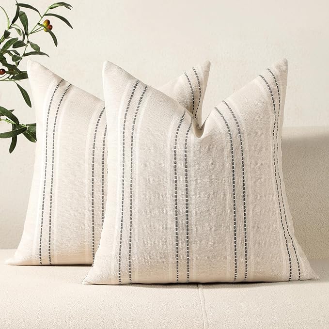 Hckot Hand Made Throw Pillow Covers 16x16 Set of 2 Striped Pillow Covers Textured Linen Decorative Pillows Square Cushion Covers for Sofa Couch Bed Living Room Farmhouse Decor