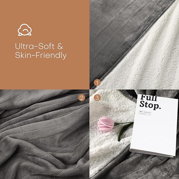 Electric Heated Blanket 72"x84" Full Size - Flannel & Sherpa Fabric Dual-Sided, 6 Heat Settings & 1-10 Hours Auto Off, Soft & Cozy Warming Throw for Home, Office, or Bed, Machine Washable, Light Gray