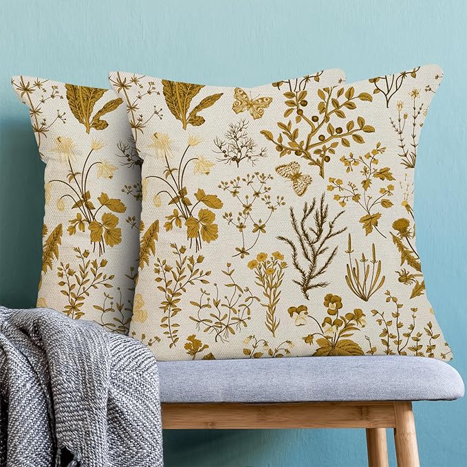 AEIOAE Summer Pillow Covers 24x24 Inch Set of 2,Mustard Yellow Wild Flower Plant Throw Pillows Case,Seasonal Floral Outdoor Decorative Square Linen Farmhouse Decor Cushion Covers for Home Couch