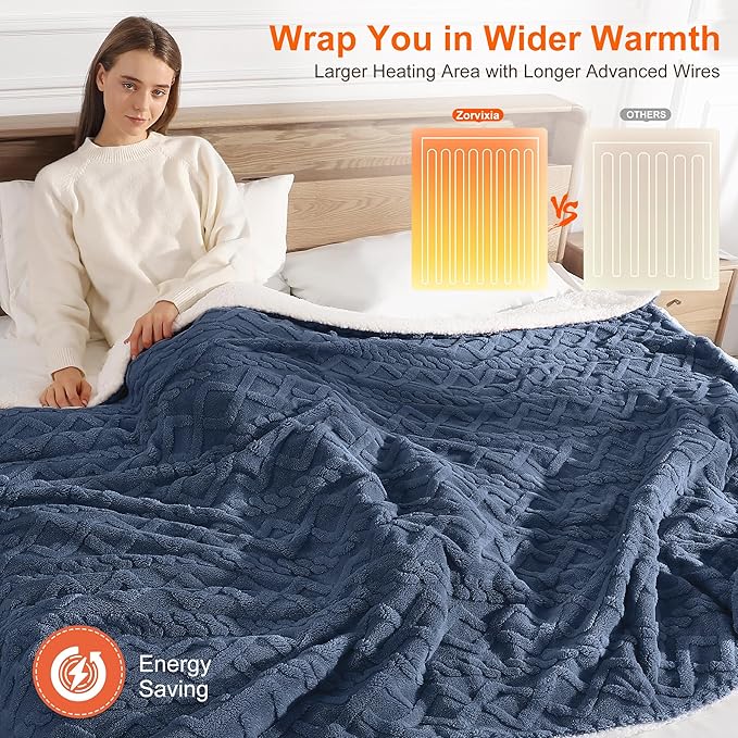 Electric Blanket Twin Heated Blanket 62''X84'' with 5 Heating Levels & 10 Hours Auto Off, ETL& FCC Certification Dual Sherpa Twin Heating Blanket Washable for Home/Office/Bed, Great Gift(Navy Blue)