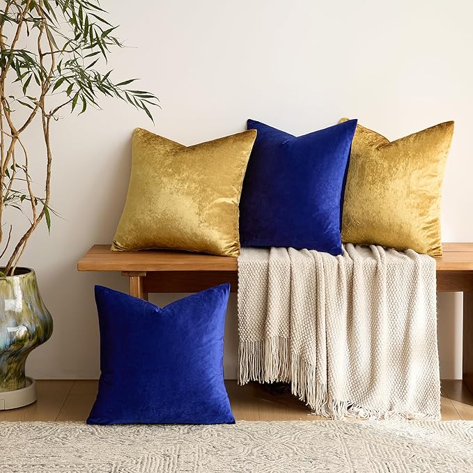 GIGIZAZA Decorative Velvet Pillow Covers - 16x16 Throw Pillows Soft Blue Gold Covers Accent for Couch Living Room Bed Square Modern Luxury Cushion Covers Home Decor Set of 4