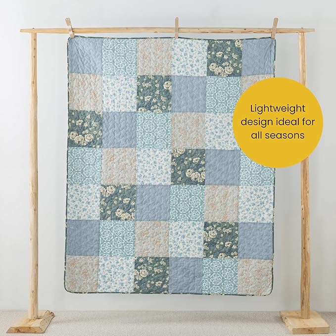 SLPR Cotton Quilted Throw Blanket, 50" x 60" Floral Farmhouse Patchwork Quilt, Shabby Chic Patchwork Throw Lap Quilt for Couch, Wildflowers
