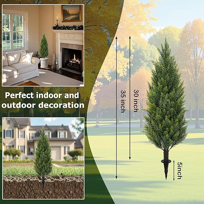 ECOLVANT 3FT Artificial Cedar Topiary Trees with Ground Spike, Set of 2 Faux Cypress Plants UV Resistant Artificial Pine Shrubs Fake Bushes for Outdoor Indoor Front Porch Garden