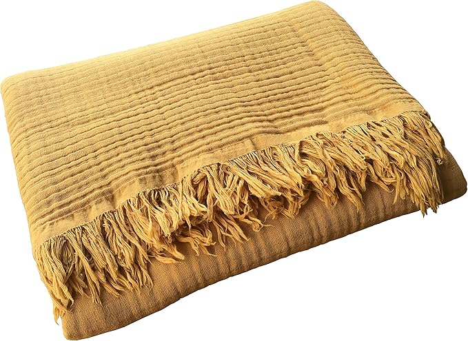 KyraHome 100% Cotton Muslin Throw Blankets for Couch, 50"x60" Pre-Washed Plant Dyed, Breathable, Lightweight Muslin Throw Blankets for Adults, All Season, Mustard Yellow
