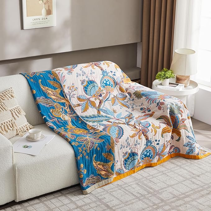 King Size Boho Throw Blanket,90"x98" Ultra Large 4-Layer 100% Cotton Throw Blankets for Couch,Bed,Breathable Floral Pattern Muslin Blanket Woven Boho Quilt for Christmas
