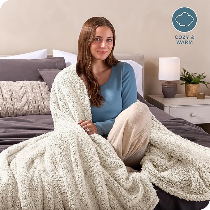 Bare Home Faux Shearling Blanket - Blanket for Bed, Sofa, Couch, Camping, Travel, and Gifts - Warm & Lightweight - Fluffy & Soft (Twin/Twin XL, Tipped Oyster)