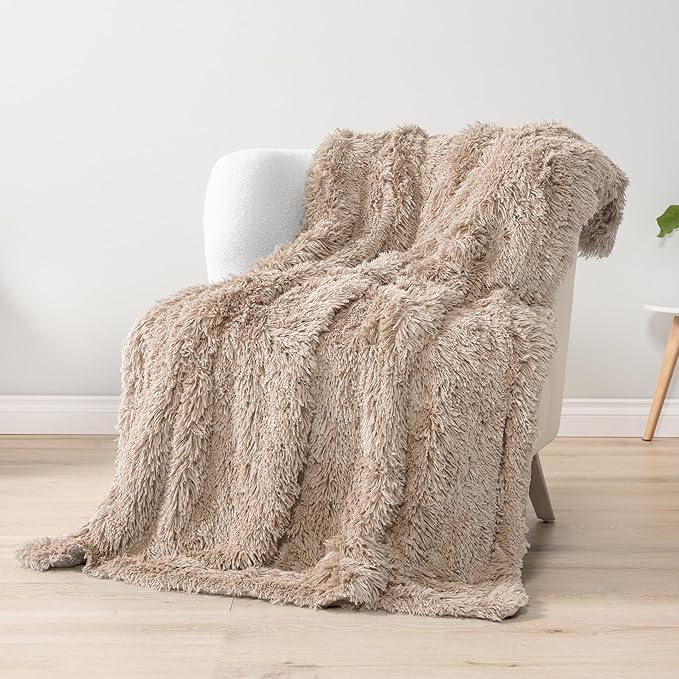 Pavilia Taupe Tan Fluffy Throw Blanket for Couch & Bed, Fuzzy Plush Warm Blanket, Super Soft Thick Faux Fur Sherpa, 60x80