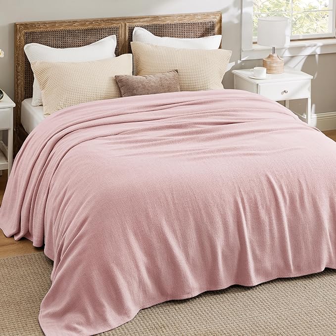 Bedsure GentleSoft 100% Cotton Blanket King Size for Bed - Breathable and Lightweight, Soft Cozy Textured Herringbone Woven Blanket for Summer Spring, Pink, 108x90 inches