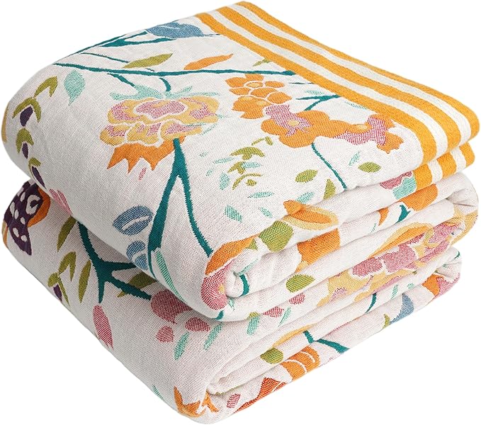 Boho Throw Blanket, 100% Organic Cotton Breathable Ultra Soft 91" x 108" King Bed Quilt Throw - All Season Floral Rustic Farmhouse Decor Luxury Blanket for Sofa Couch Chair and Gift
