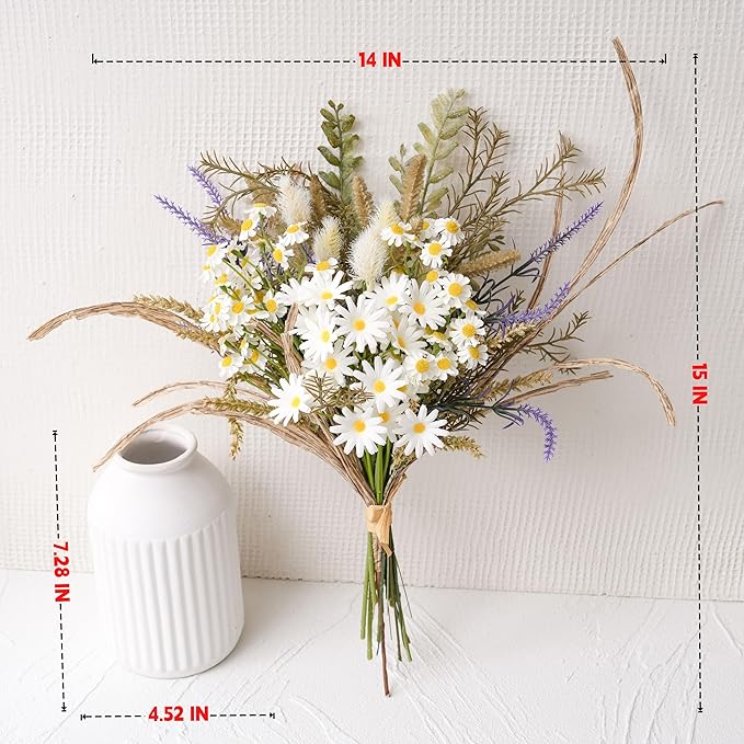 Artificial Flowers with White Ceramic Vase – Spring Farmhouse Floral Centerpiece Table Decorations, Faux Lavender & Daisy Flower Arrangement for Coffee Table, Dining Room, Living Room & Home Decor