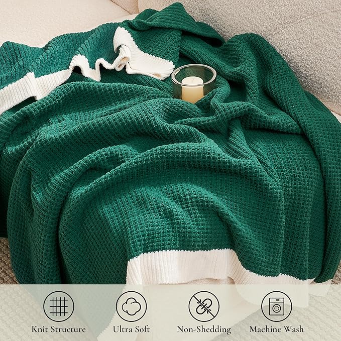 Amélie Home Christmas Waffle Throw Blanket for Couch, Soft Cozy Chenille Knit Blanket Warm Xmas Decorative Gifts Throw for Sofa, 50"x60", Holly Green