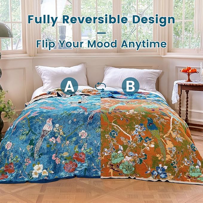 MSGKV Boho Throw Blanket for Couch 50"x60" Cotton Blanket with Floral and Bird Spring Breathable Lightweight Farmhouse Decorative Blankets for Sofa Muslin All Seasons
