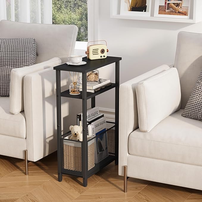 Narrow Side Table with Storage Basket Skinny End Tables for Smalls Spaces 3 Tier Sofa Table Small Nightstand Slim Bedside Table for Living Room Bedroom Black MLBZ22B