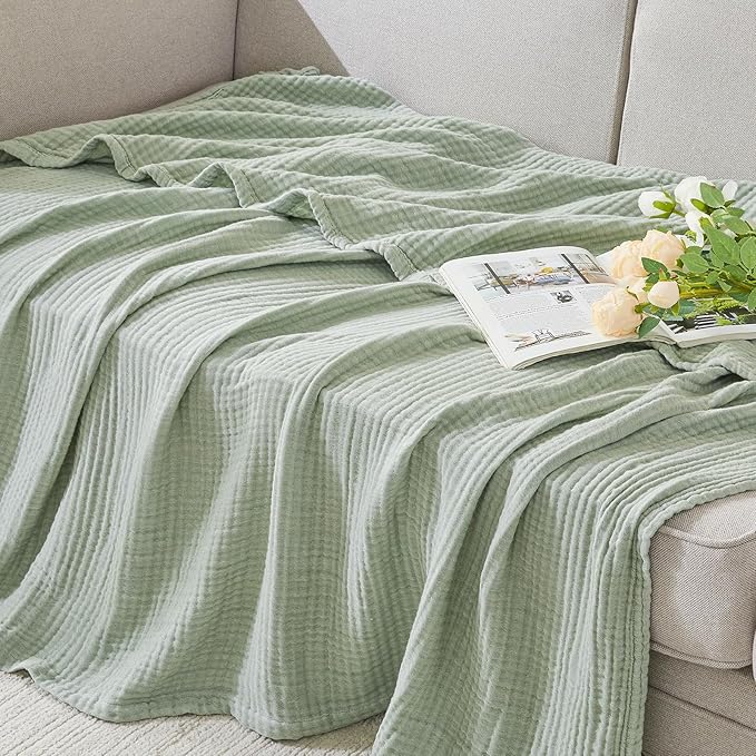 EMME Cotton Muslin King Blanket Bed Layering Bedspread Coverlet Breathable Gauze Soft Lightweight (Heather Sage Green, 108"x90")