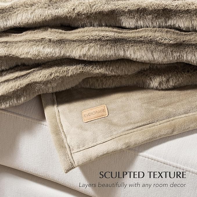 EVERGRACEHOME Ultra Soft Faux Fur Throw Blanket for Couch, Luxury Sculpted Texture Faux Rabbit Fur Blanket for Bed, Fluffy Thick Plush Warm Fuzzy Throw, 920GSM (Natural Tan, 60''x80'')