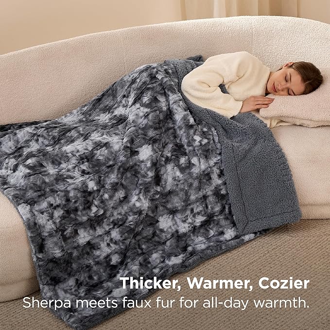 Bedsure GentleSoft Sherpa Fluffy Throw Blanket - Fleece Warm and Cozy Throw for Women Gift, Plush & Fuzzy Faux Fur Blanket for Couch, Sofa, Bed Decor, Tie Dye Design, Grey, 50x60 Inches