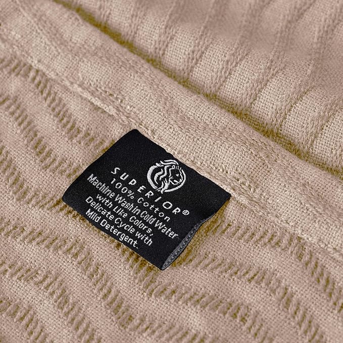 Superior JENA Cotton Blanket, for Picnic, Beach, Traveling or Camping, Bedroom Decor, Essentials, Cover for Bed, Couch, Lounging, Textured Jacquard, Modern Chevron Woven Blanket, Full/Queen, Khaki