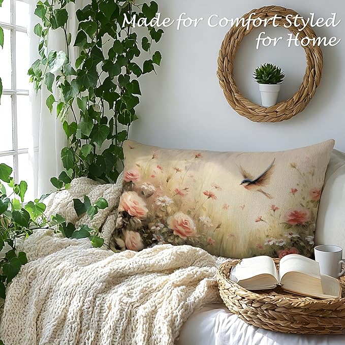 Vintage Spring Floral Bird Lumbar Pillow Cover 12x20 Double-Sided, Cottagecore Room Home Decor, Pastel Pink Rose Wildflower Decorative Throw Pillow Cover for Living Room Home Bedroom