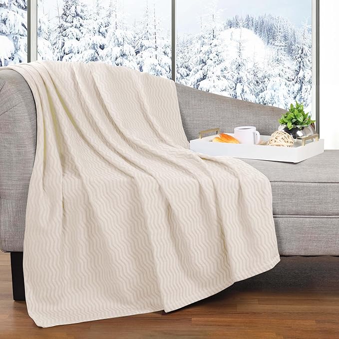 Superior JENA Cotton Blanket, for Picnic, Beach, Traveling or Camping, Bedroom Decor, Essentials, Cover for Bed, Couch, Lounging, Textured Jacquard, Modern Chevron Woven Blanket, Full/Queen, Ivory
