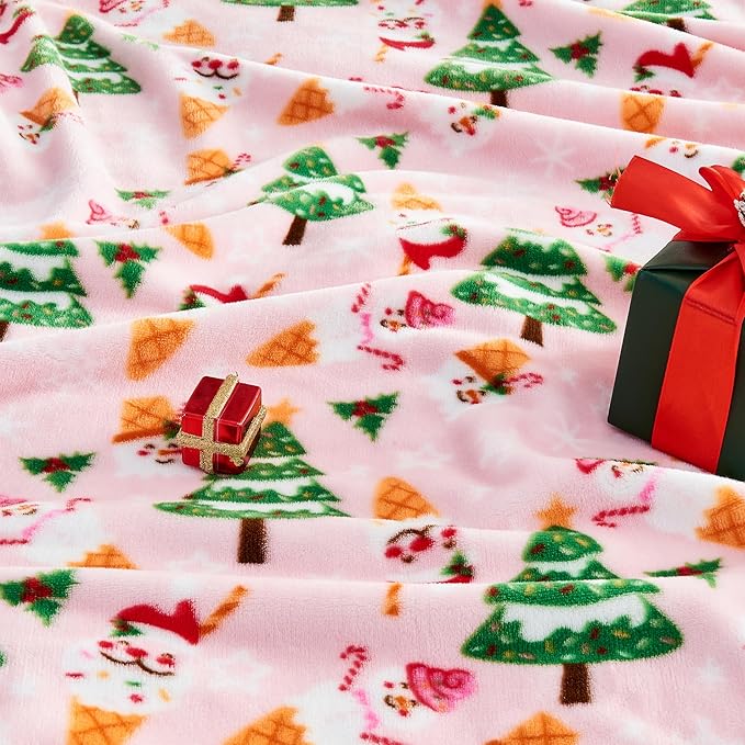 Christmas Blanket Soft Cozy Pink Christmas Throw Blankets with Holiday Themed Print for Couch Bed Home Decor, Fuzzy Warm Winter 50"x60" (Pink)