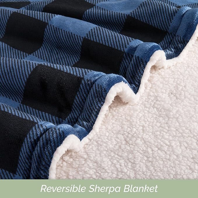 Elegant Comfort Ultra Soft Reversible Buffalo Plaid Flannel Sherpa Blanket - Cozy Silky Checkered Fleece Throw for Couch, Bed - Plush Fuzzy Warm Winter Blanket for Gift, King, Blue