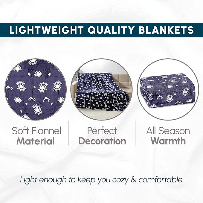 Elegant Comfort Ultra Soft Print Flannel Fleece Bed Blanket, Cozy-Fuzzy Lightweight Bedspread Coverlet, All Season Decorative Blanket for Couch, Sofa, Queen Size, Evil Eye