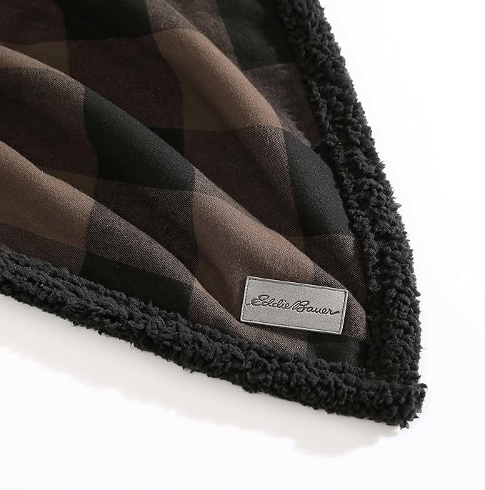 Eddie Bauer - Throw Blanket, Yarn Dyed Cotton Bedding with Solid Ultra-Soft Sherpa Reverse, Throw Blanket for Couch & Bed (Cabin Plaid Brown, 50" x 60")