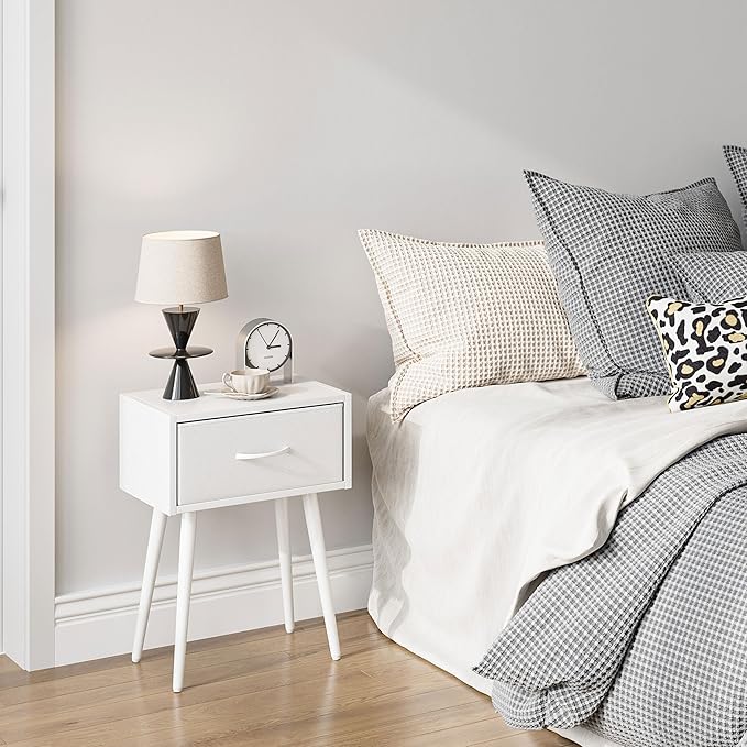 Small White Nightstands Set of 2, Bedside Table with Fabric Drawer, Modern End Table with Metal Leg, Couch Side Table for Bedroom Living Room, Sofa, Office LNT504W