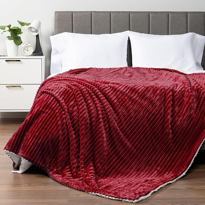 PAVILIA Wine Red Burgundy Sherpa Fleece Throw Blanket for Couch Twin, Soft Plush Fuzzy Blankets, Fluffy Flannel Sherpa Blanket for Bed, Warm 3D Ribbed Winter Blanket Gift, 60x80 inches