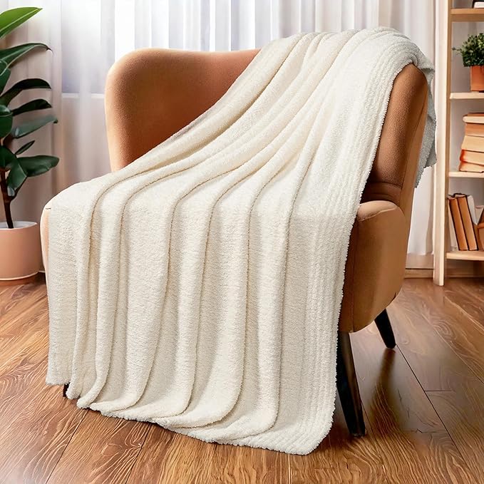 PAVILIA Super Soft Throw Blanket for Couch, Fluffy Cozy Lightweight Cream Blanket, Large Fuzzy Warm Knit Blanket for Bed Sofa, Beige, 60x80