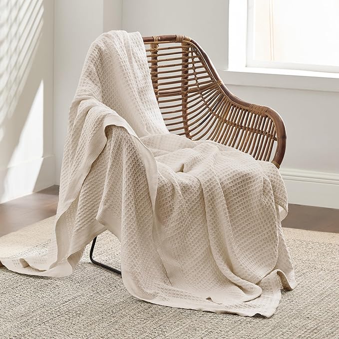 Bedsure Gentlesoft 100% Cotton Throw Blanket for Couch 50x70 inches - Breathable and Soft for Spring Summer, Waffle Weave Throw Blanket for Office, Light Beige