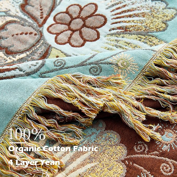 Boho Throw Blanket 80" x 90", 100% Organic Cotton Breathable Skin-Friendly Ultra Soft Bed Quilt Blue Throw - Floral Rustic Decor Luxury Reversible Blanket for Sofa Couch Chair and Gift,