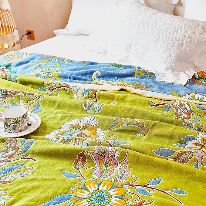 Boho Throw Blanket, 100% Organic Cotton Breathable Ultra Soft Bed Quilt Throw - All Season Luxury Floral Farmhouse Decor Blanket for Sofa Couch Chair and Gift. 91" x 98"-Green/Blue