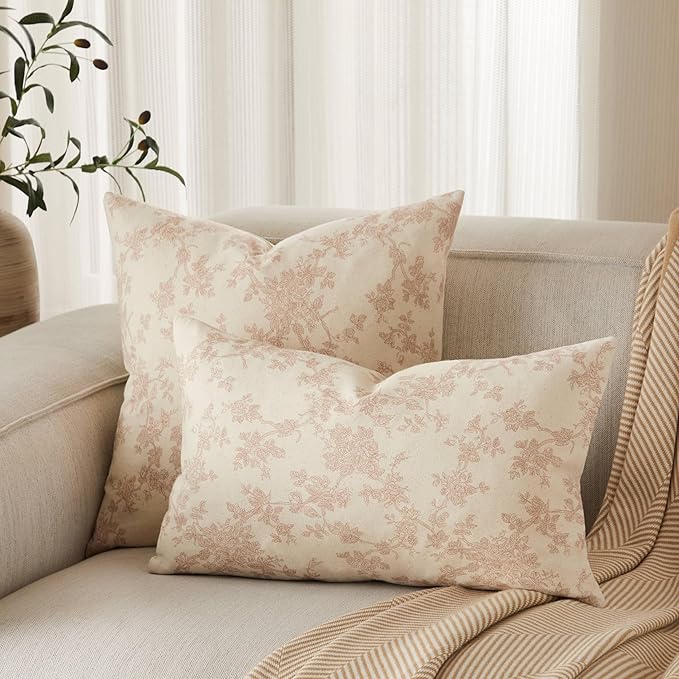 100% Cotton French Pastoral Throw Pillow Covers Set of 2, 18x18 Inch Taupe Farmhouse Decorative Cushion Covers for Sofa Bed Living Room Home Decor