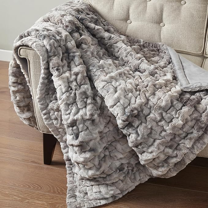 Madison Park Faux Fur Throw, Luxurious Ruched Texture, Fuzzy Warm, Plush Mink-Like Reverse, All Season, Lightweight & Cozy Blanket-Throw for Sofa, Couch, Living Room & Office 50" x 60" Gray Tie Dye