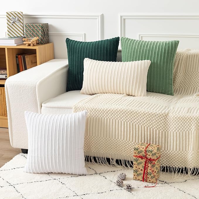 UGASA Velvet 20x20 Inch Soft Throw Pillow Cover Decorative Striped Corduroy Both Sides Solid Square Cushion Case Boho Farmhouse for Couch Bedroom Sofa Home, 1 Piece, New-Dark Green