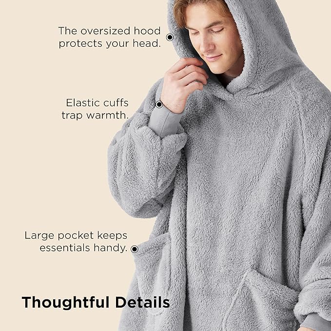 Bedsure Blanket Hoodie, Wearable Blanket Hoodies as Mothers Day Birthday Gifts for Women Men Mom Dad, Warm Cozy Soft Sweatshirt Hooded Blankets for Wife Women Men Adults, Grey, Standard