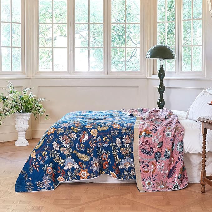 Boho Throw Blanket for Couch Sofa Chair Cotton Spring Blankets for Bedroom Living Room All Season Lightweight Reversible Floral Embroidery Throws 50"x60"