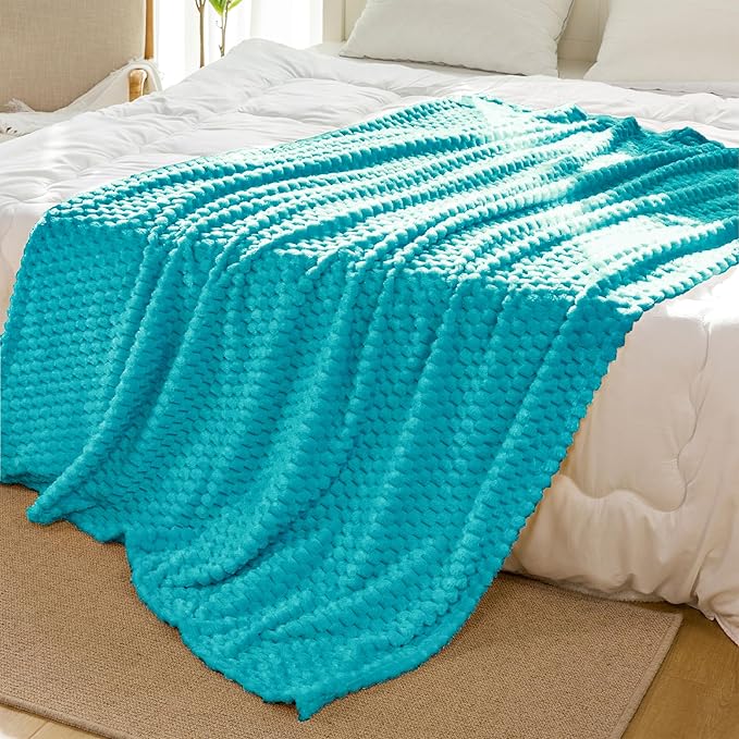 Bnuitland Soft Flannel Throw Blanket(50X70 inches), 3D Jacquard Fluffy Lightweight Fleece Blanket for Couch,Sofa,Bed, 300 GSM Super Cozy Warm for All Season Home Decor,Teal Blue