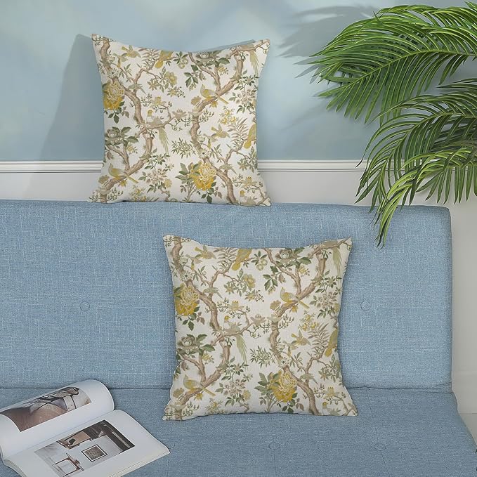 Yellow Green Floral Bird Pillow Covers 18x18 Set of 2 Chinoiserie Throw Pillows Vintage Flowers Bird Decorative Pillow Cases Outdoor Chinoiserie Decor Farmhouse Cushion Case for Couch Sofa