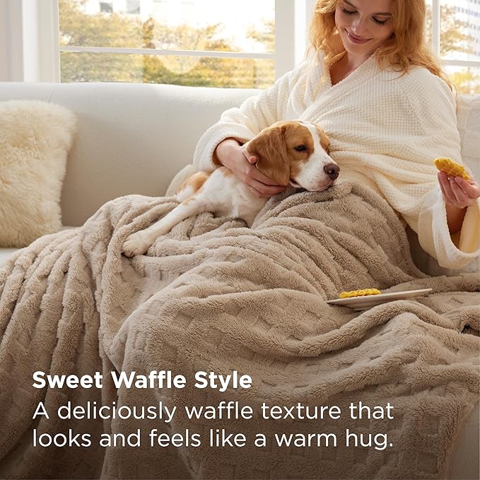 Bedsure Waffle Couch Throw Blanket - GentleSoft Fleece Cozy Blanket for Sofa Bed Room Decor, Super Fluffy Checkered Throw for Women Girls, Warm Cute All Season Gift, Tan, 50x60 Inches